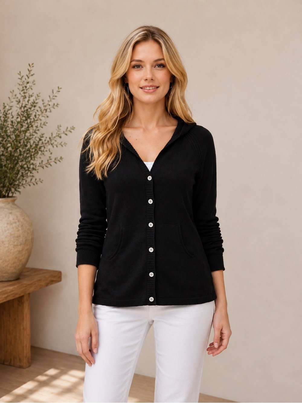 Tommy Bahama 100% Linen Hooded Cardigan Black Size Small Button Front